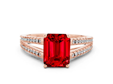 Rose gold Emerald Cut Ruby Solitaire Engagement Ring with Split Shank Pavé Band