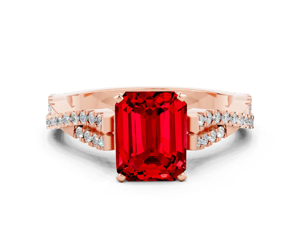 Rose gold Emerald Cut Ruby Solitaire Engagement Ring with Twisted Pavé Band and Four-Prong Setting
