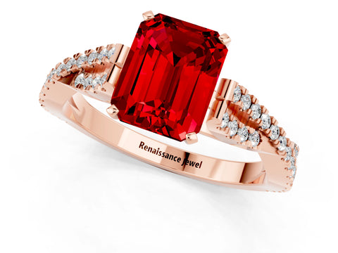 Rose gold Emerald Cut Ruby Solitaire Engagement Ring with Twisted Pavé Band and Four-Prong Setting_1