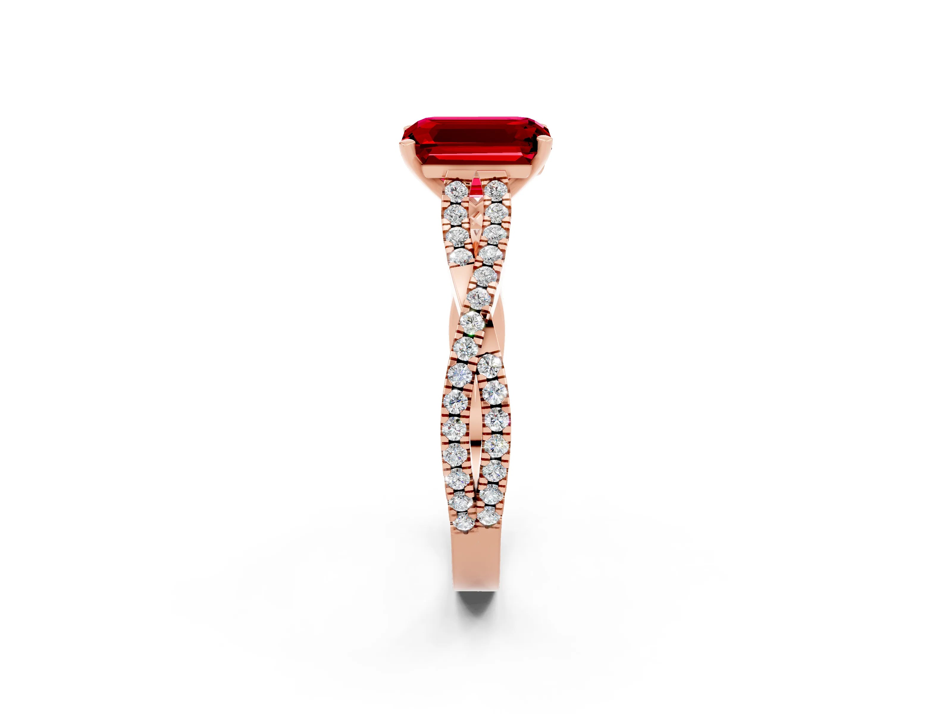 Rose gold Emerald Cut Ruby Solitaire Engagement Ring with Twisted Pavé Band and Four-Prong Setting_2