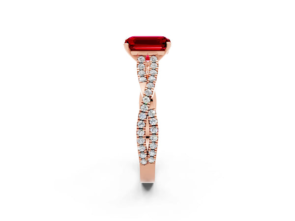Rose gold Emerald Cut Ruby Solitaire Engagement Ring with Twisted Pavé Band and Four-Prong Setting