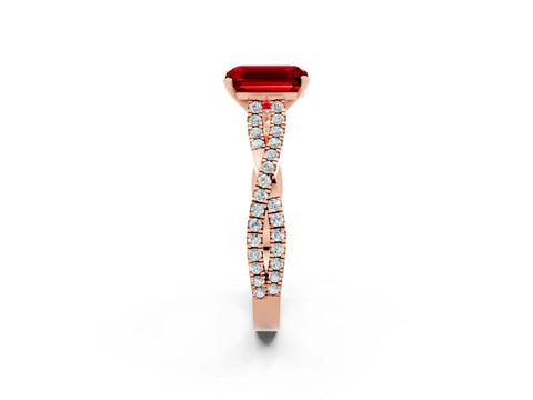Rose gold Emerald Cut Ruby Solitaire Engagement Ring with Twisted Pavé Band and Four-Prong Setting_2