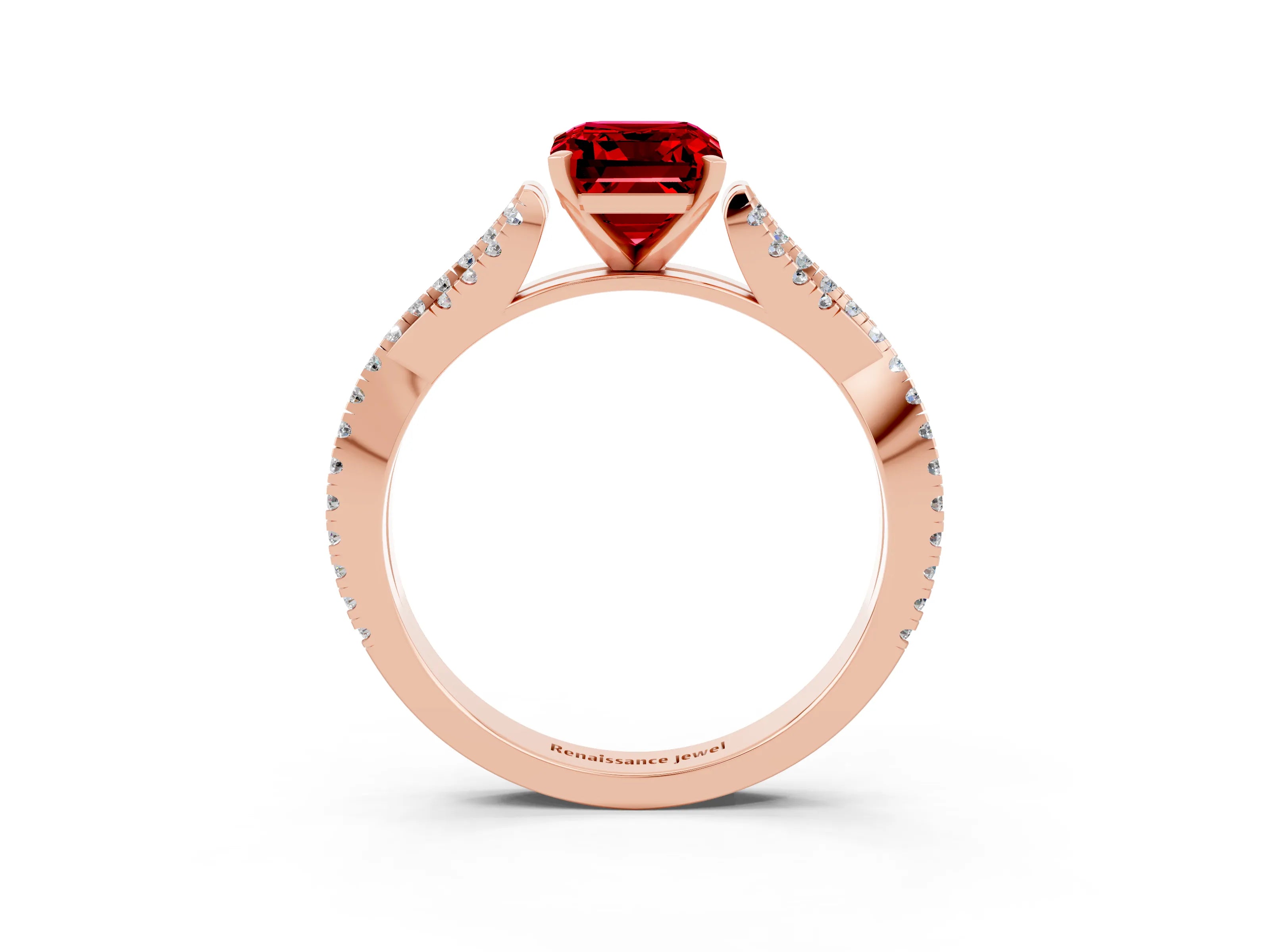 Rose gold Emerald Cut Ruby Solitaire Engagement Ring with Twisted Pavé Band and Four-Prong Setting_3