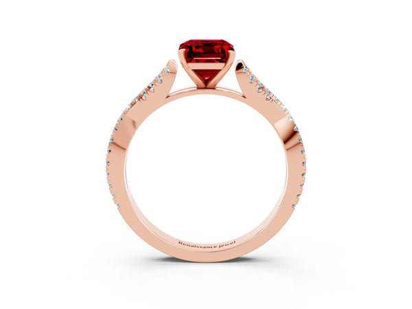Rose gold Emerald Cut Ruby Solitaire Engagement Ring with Twisted Pavé Band and Four-Prong Setting