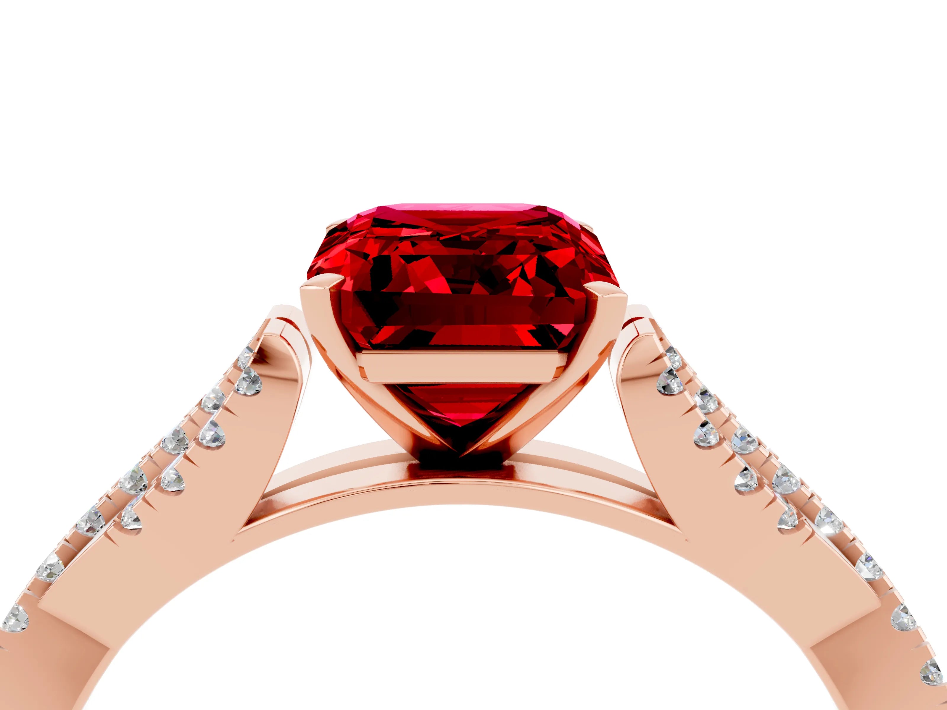 Rose gold Emerald Cut Ruby Solitaire Engagement Ring with Twisted Pavé Band and Four-Prong Setting_4