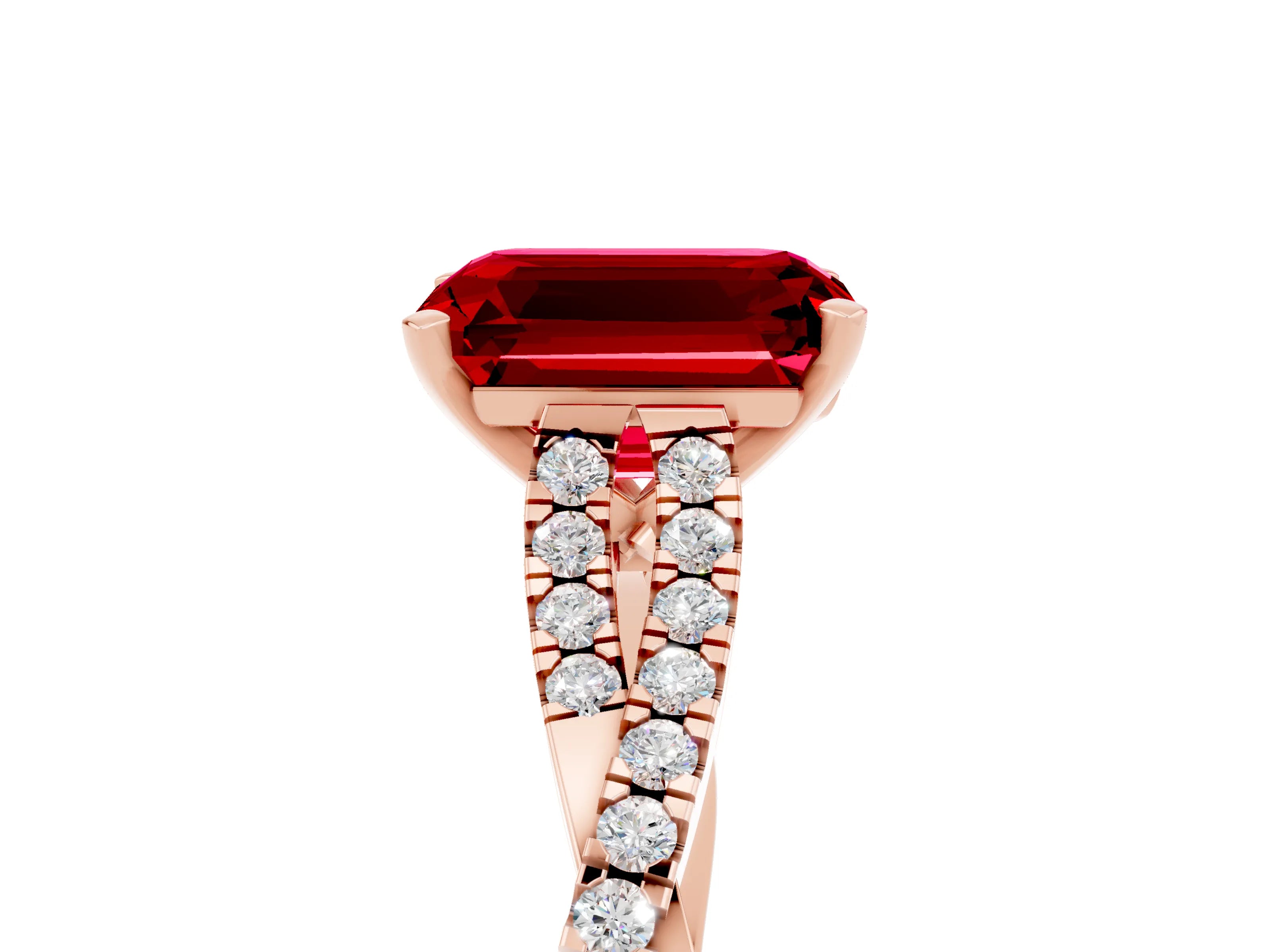 Rose gold Emerald Cut Ruby Solitaire Engagement Ring with Twisted Pavé Band and Four-Prong Setting_5