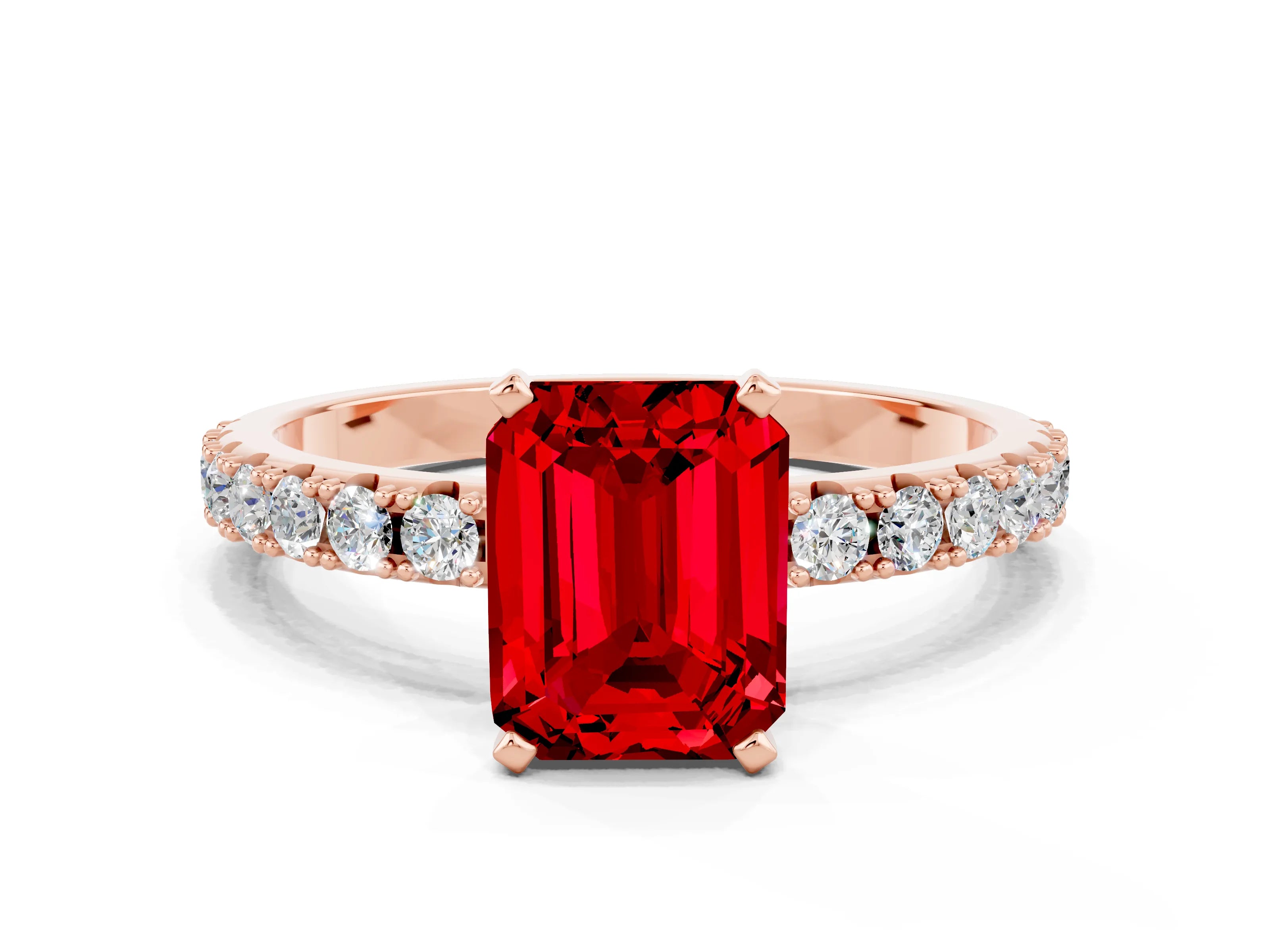 Rose gold Emerald Cut Ruby Solitaire Pavé Band with Four-Prong Setting