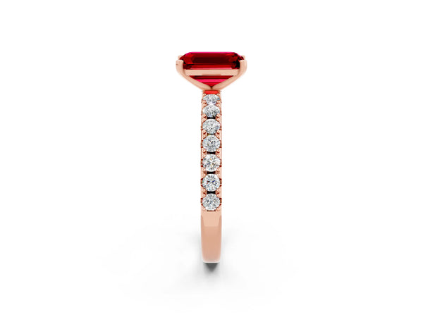 Rose gold Emerald Cut Ruby Solitaire Pavé Band with Four-Prong Setting