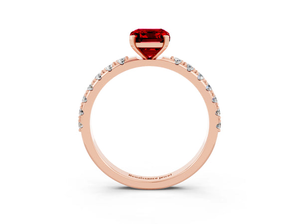 Rose gold Emerald Cut Ruby Solitaire Pavé Band with Four-Prong Setting