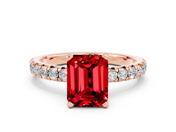Rose gold Emerald Cut Ruby Solitaire Pavé Engagement Ring with Round Band and Prong Setting
