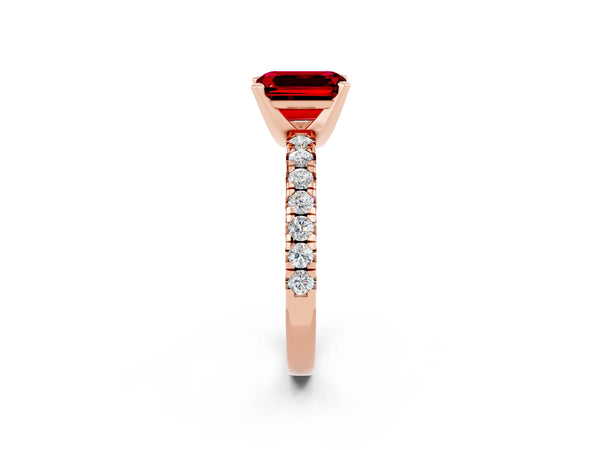 Rose gold Emerald Cut Ruby Solitaire Pavé Engagement Ring with Round Band and Prong Setting