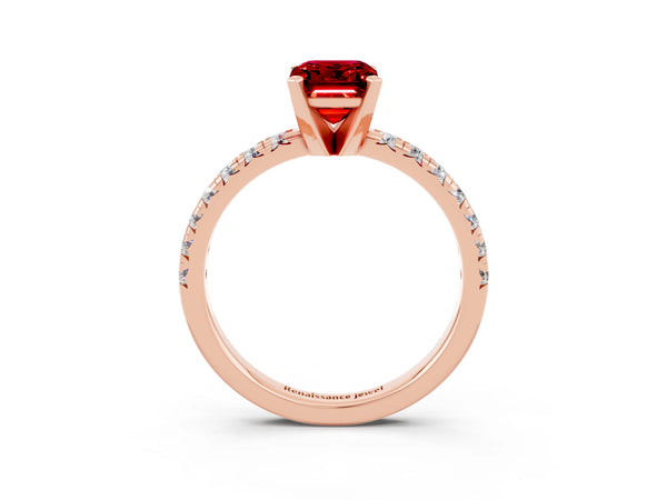 Rose gold Emerald Cut Ruby Solitaire Pavé Engagement Ring with Round Band and Prong Setting