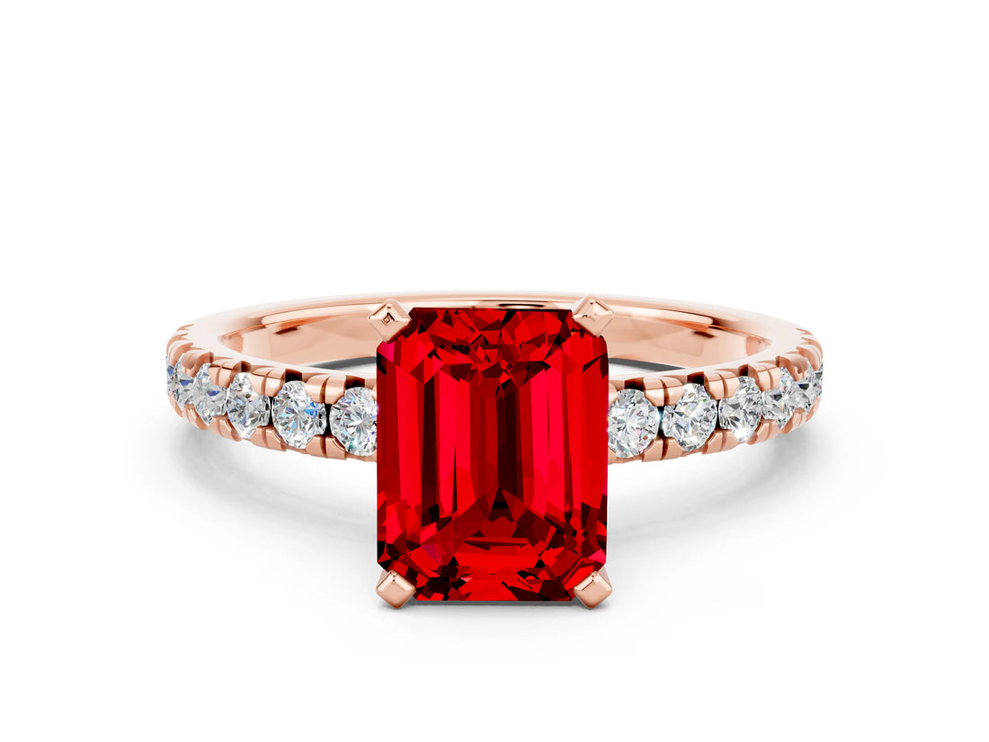 Rose gold Emerald Cut Ruby Solitaire Pavé Engagement Ring with Round Band and Prong Setting_66