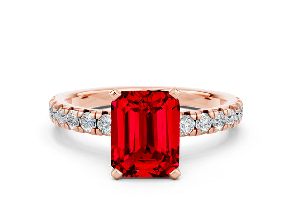 Rose gold Emerald Cut Ruby Solitaire Pavé Engagement Ring with Round Band and Prong Setting