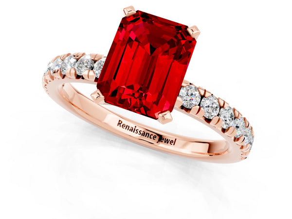 Rose gold Emerald Cut Ruby Solitaire Pavé Engagement Ring with Round Band and Prong Setting
