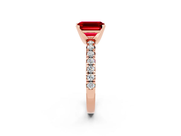 Rose gold Emerald Cut Ruby Solitaire Pavé Engagement Ring with Round Band and Prong Setting
