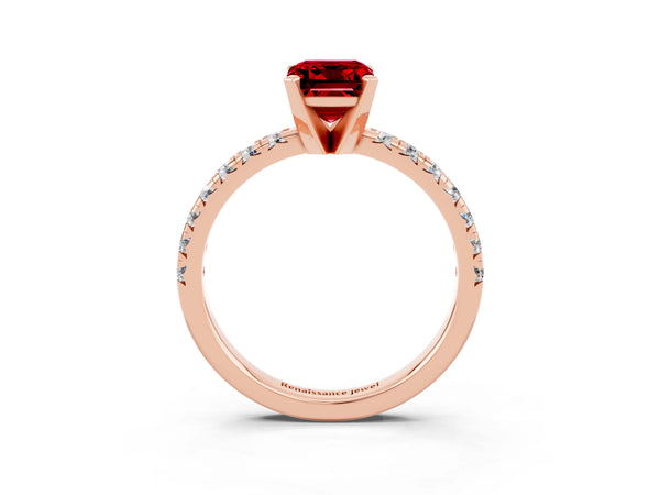 Rose gold Emerald Cut Ruby Solitaire Pavé Engagement Ring with Round Band and Prong Setting