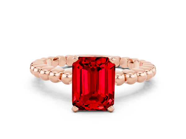 Rose gold Emerald Cut Ruby Solitaire Ring with Beaded Band and Prong Setting