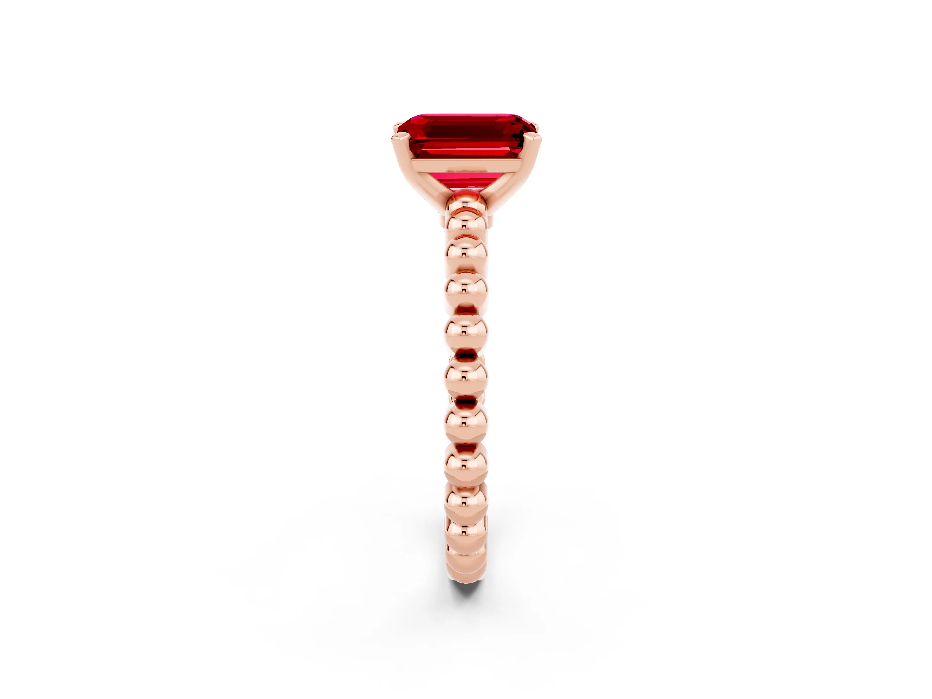 Rose gold Emerald Cut Ruby Solitaire Ring with Beaded Band and Prong Setting_2