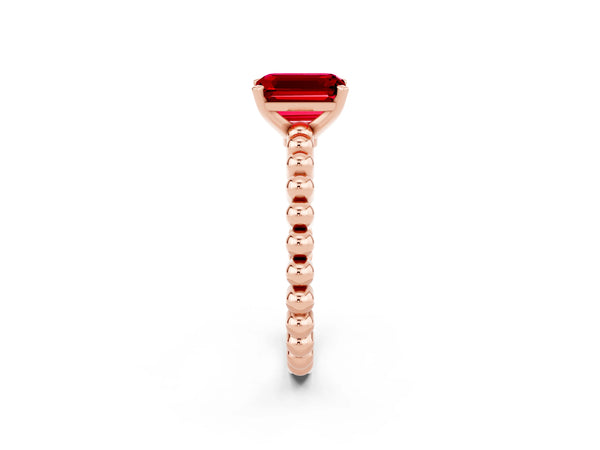 Rose gold Emerald Cut Ruby Solitaire Ring with Beaded Band and Prong Setting