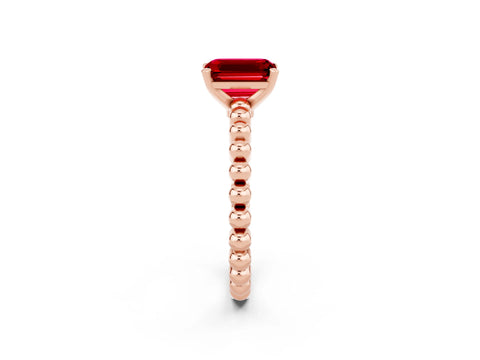 Rose gold Emerald Cut Ruby Solitaire Ring with Beaded Band and Prong Setting_2