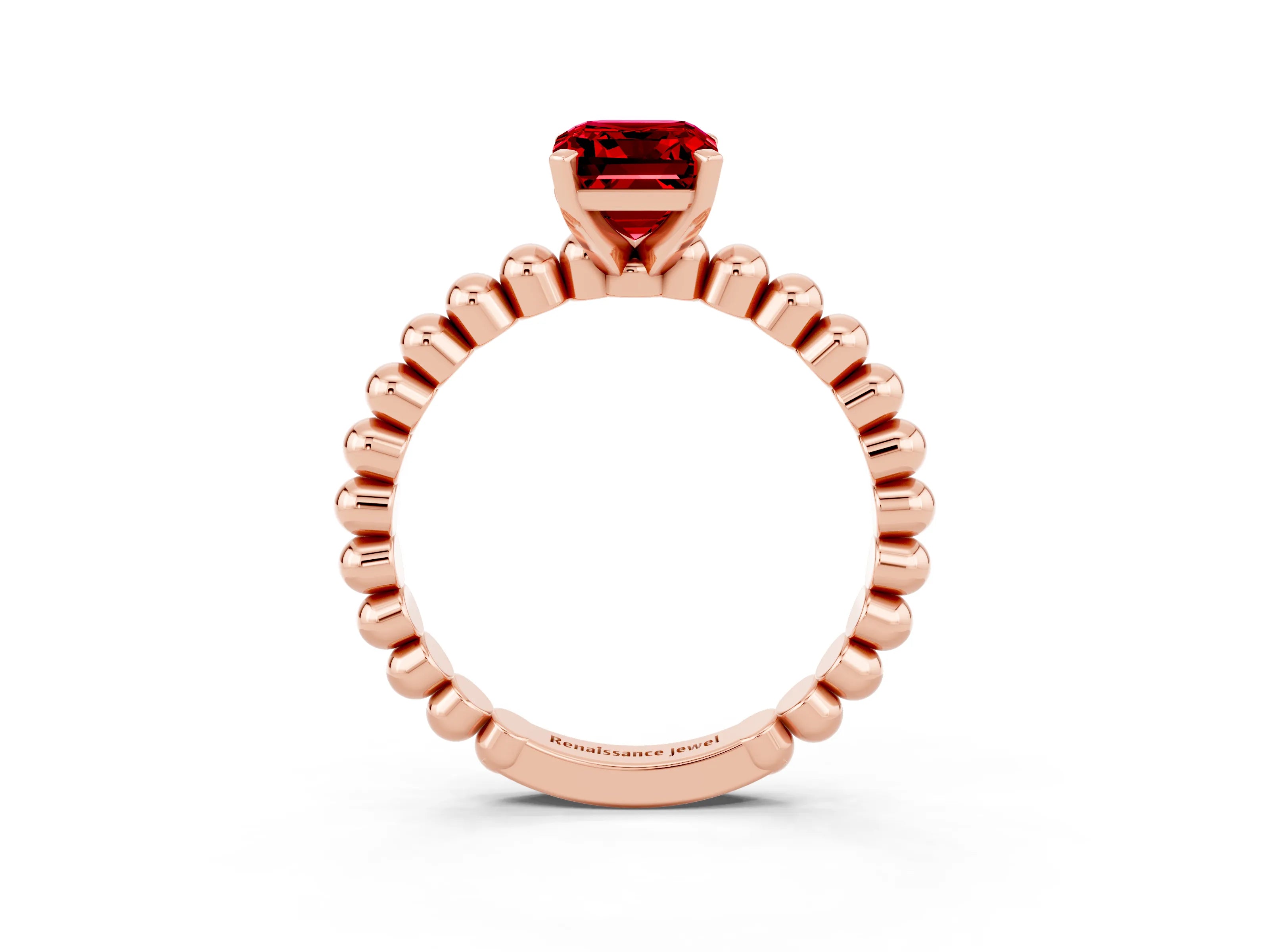 Rose gold Emerald Cut Ruby Solitaire Ring with Beaded Band and Prong Setting_3