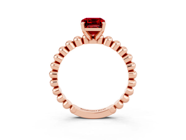 Rose gold Emerald Cut Ruby Solitaire Ring with Beaded Band and Prong Setting