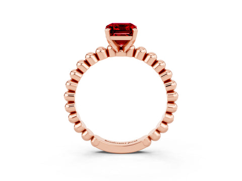 Rose gold Emerald Cut Ruby Solitaire Ring with Beaded Band and Prong Setting_3