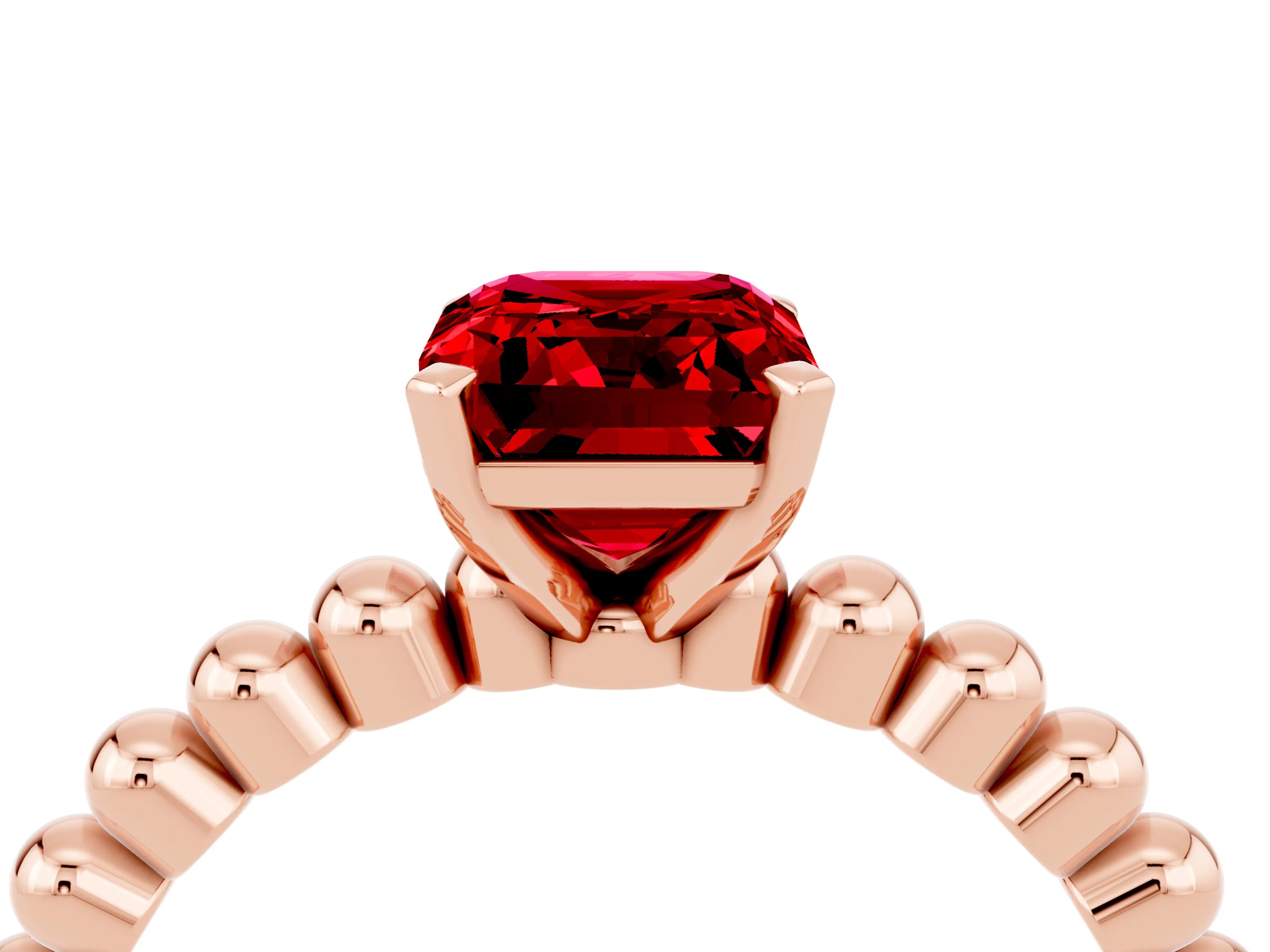 Rose gold Emerald Cut Ruby Solitaire Ring with Beaded Band and Prong Setting_4