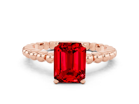 Rose gold Emerald Cut Ruby Solitaire Ring with Beaded Band and Prong Setting