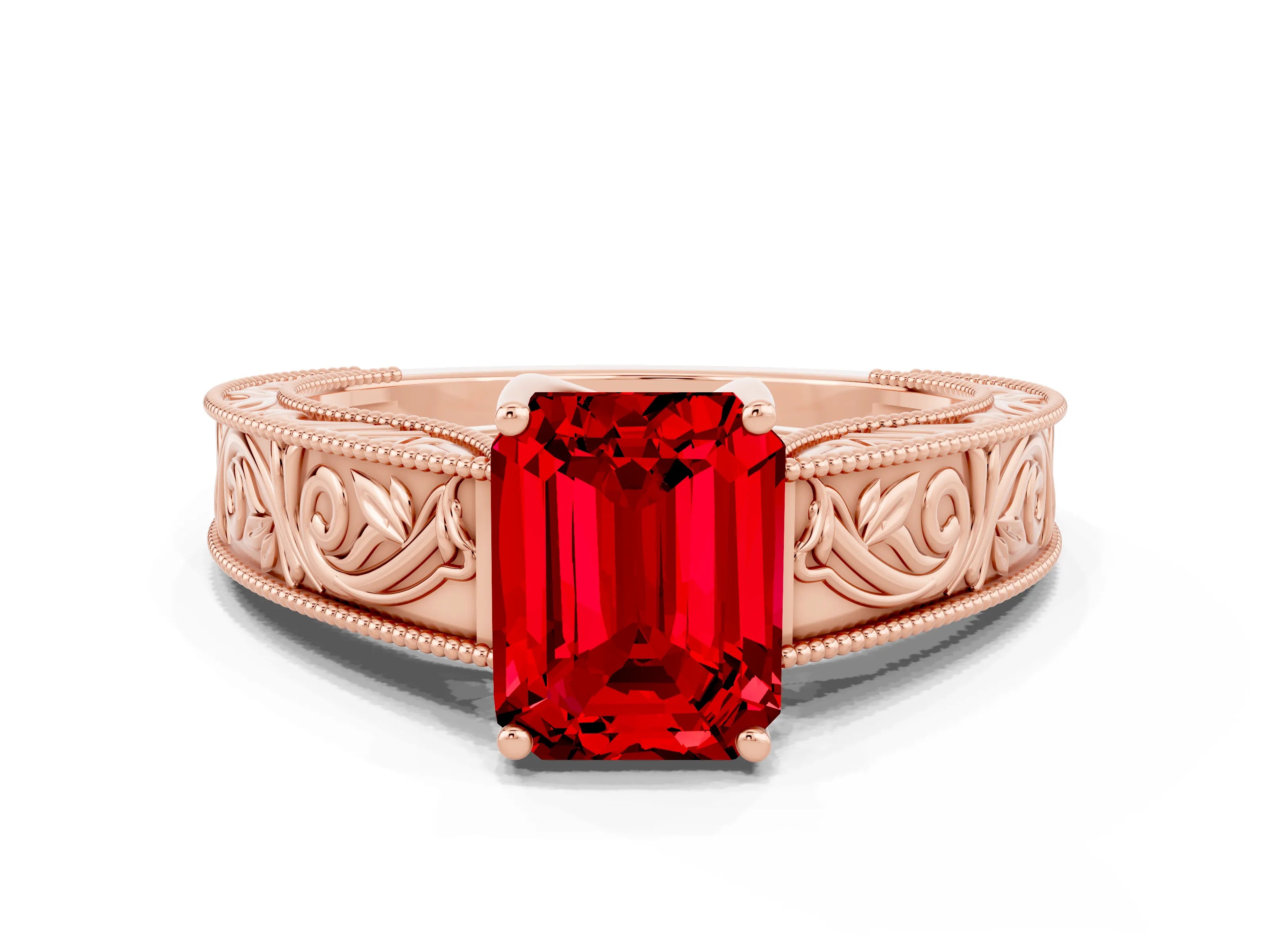 Rose gold Emerald Cut Ruby Solitaire Ring with Engraved Band and Four-Prong Setting