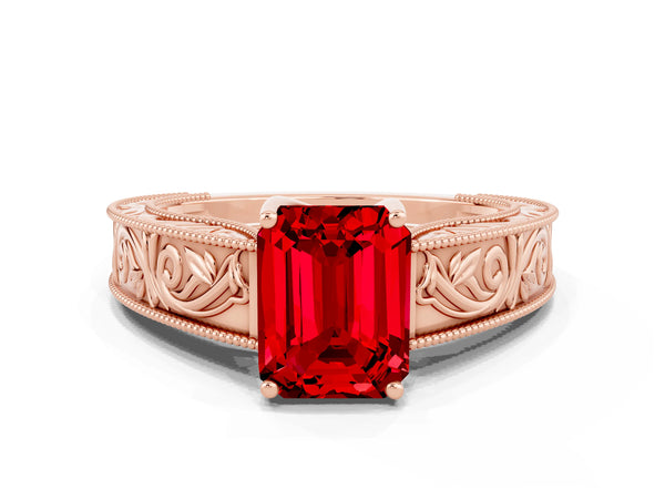Rose gold Emerald Cut Ruby Solitaire Ring with Engraved Band and Four-Prong Setting