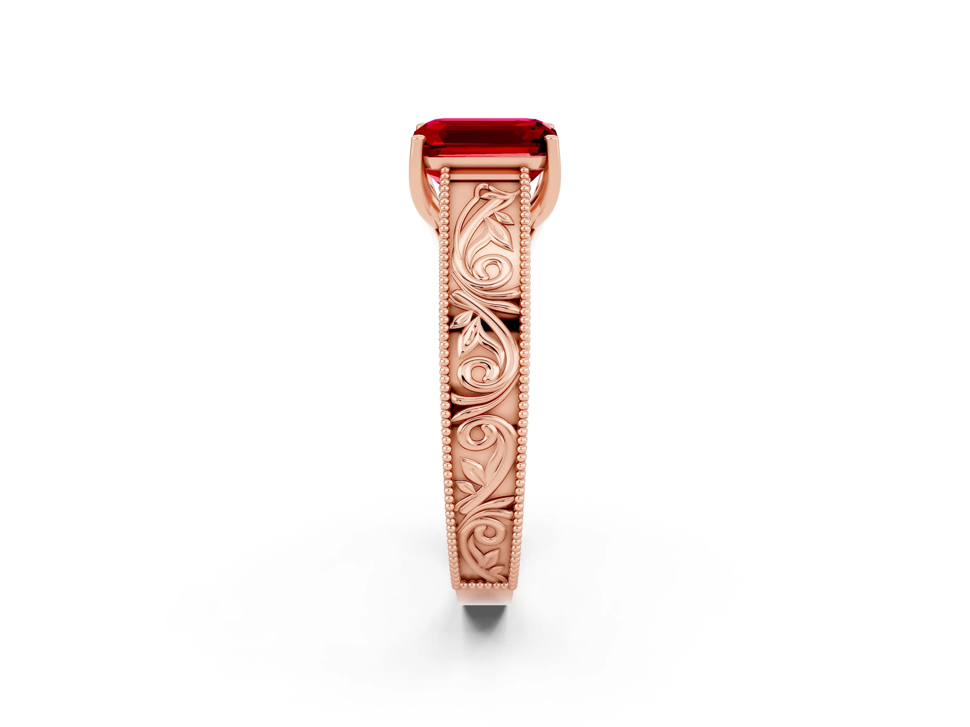 Rose gold Emerald Cut Ruby Solitaire Ring with Engraved Band and Four-Prong Setting_2