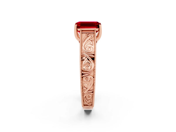 Rose gold Emerald Cut Ruby Solitaire Ring with Engraved Band and Four-Prong Setting