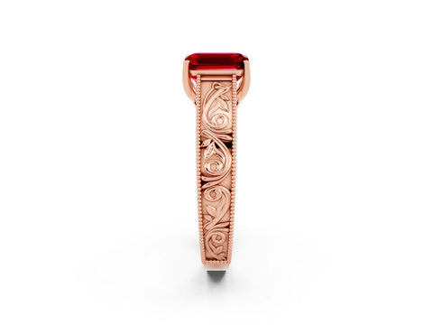 Rose gold Emerald Cut Ruby Solitaire Ring with Engraved Band and Four-Prong Setting_2