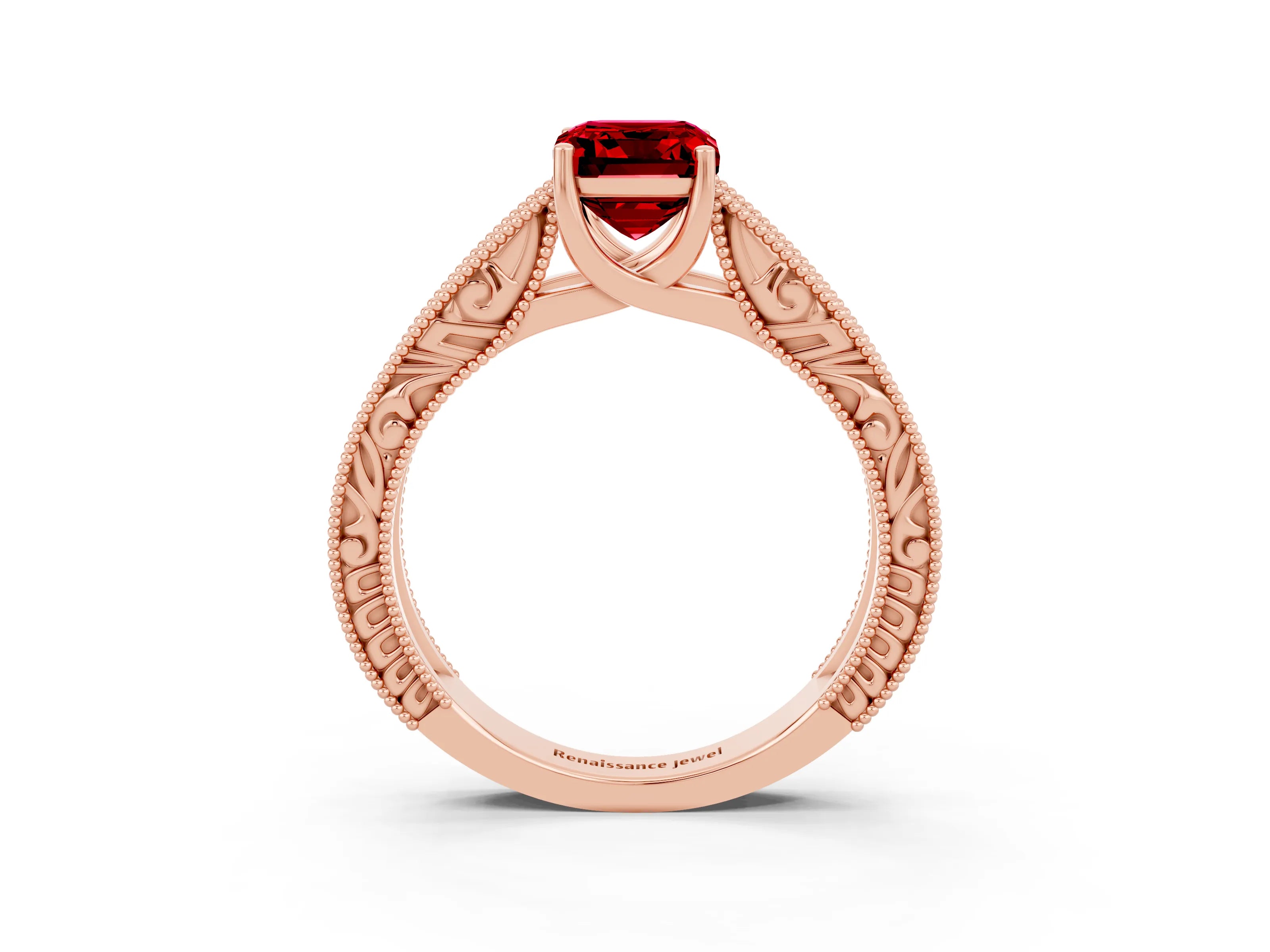 Rose gold Emerald Cut Ruby Solitaire Ring with Engraved Band and Four-Prong Setting_3