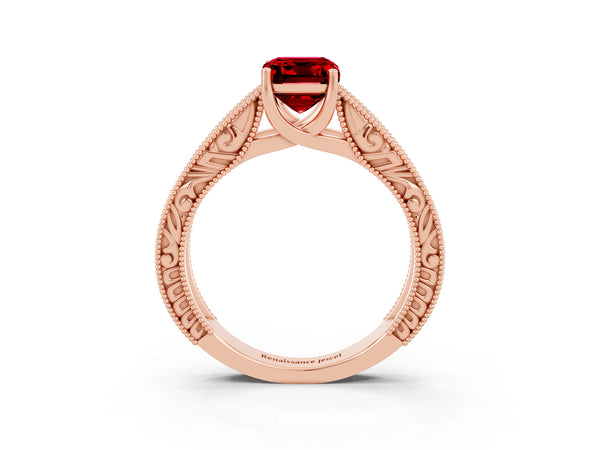 Rose gold Emerald Cut Ruby Solitaire Ring with Engraved Band and Four-Prong Setting