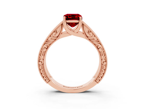 Rose gold Emerald Cut Ruby Solitaire Ring with Engraved Band and Four-Prong Setting_3
