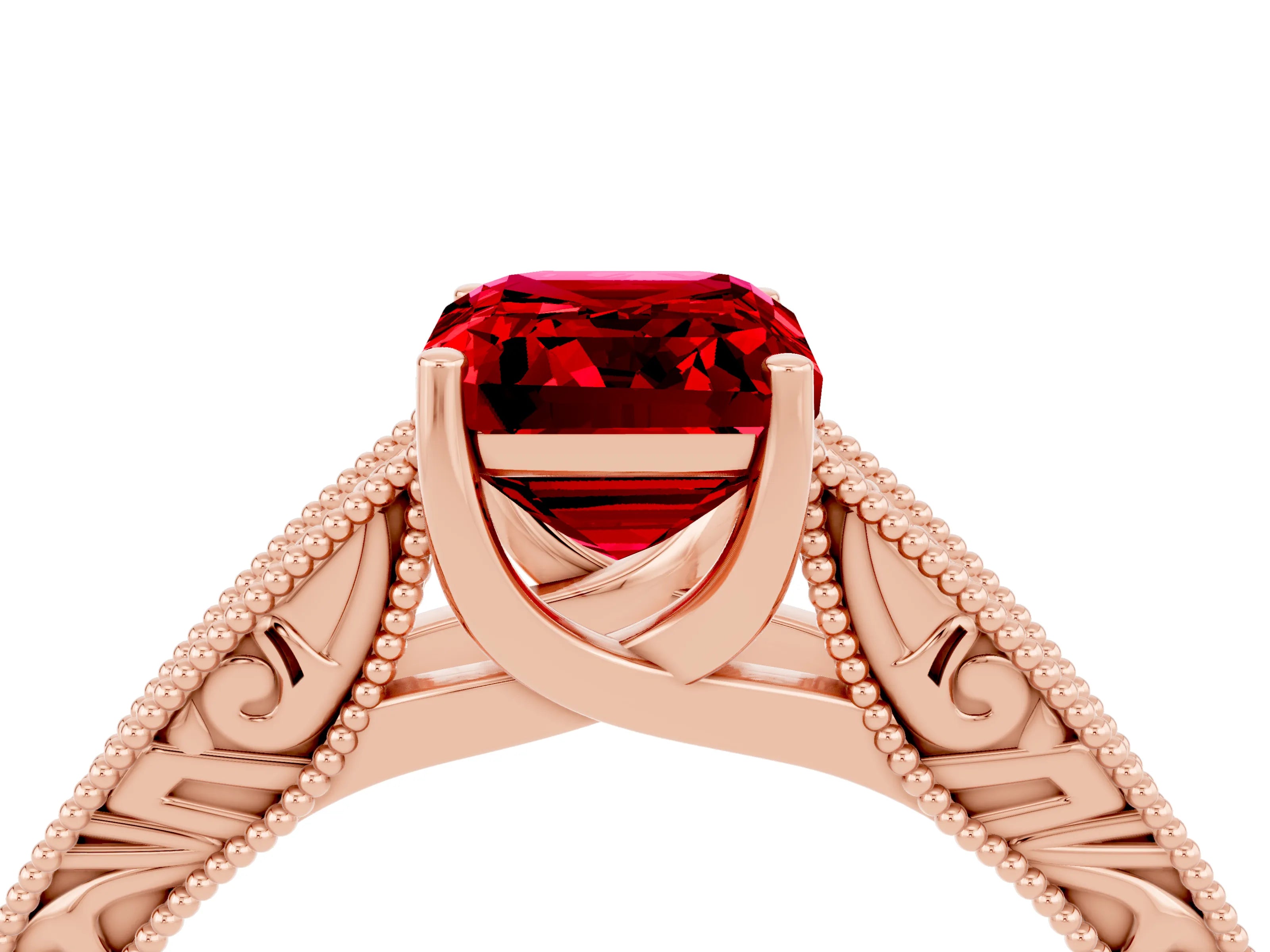 Rose gold Emerald Cut Ruby Solitaire Ring with Engraved Band and Four-Prong Setting_4