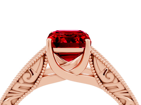 Rose gold Emerald Cut Ruby Solitaire Ring with Engraved Band and Four-Prong Setting_4