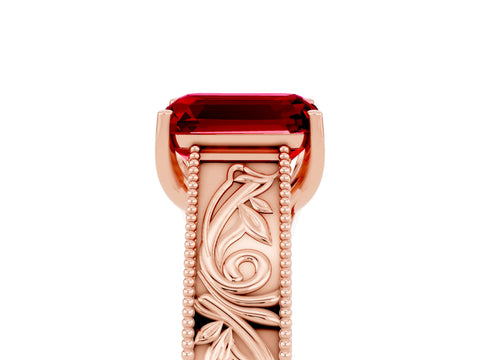Rose gold Emerald Cut Ruby Solitaire Ring with Engraved Band and Four-Prong Setting_5