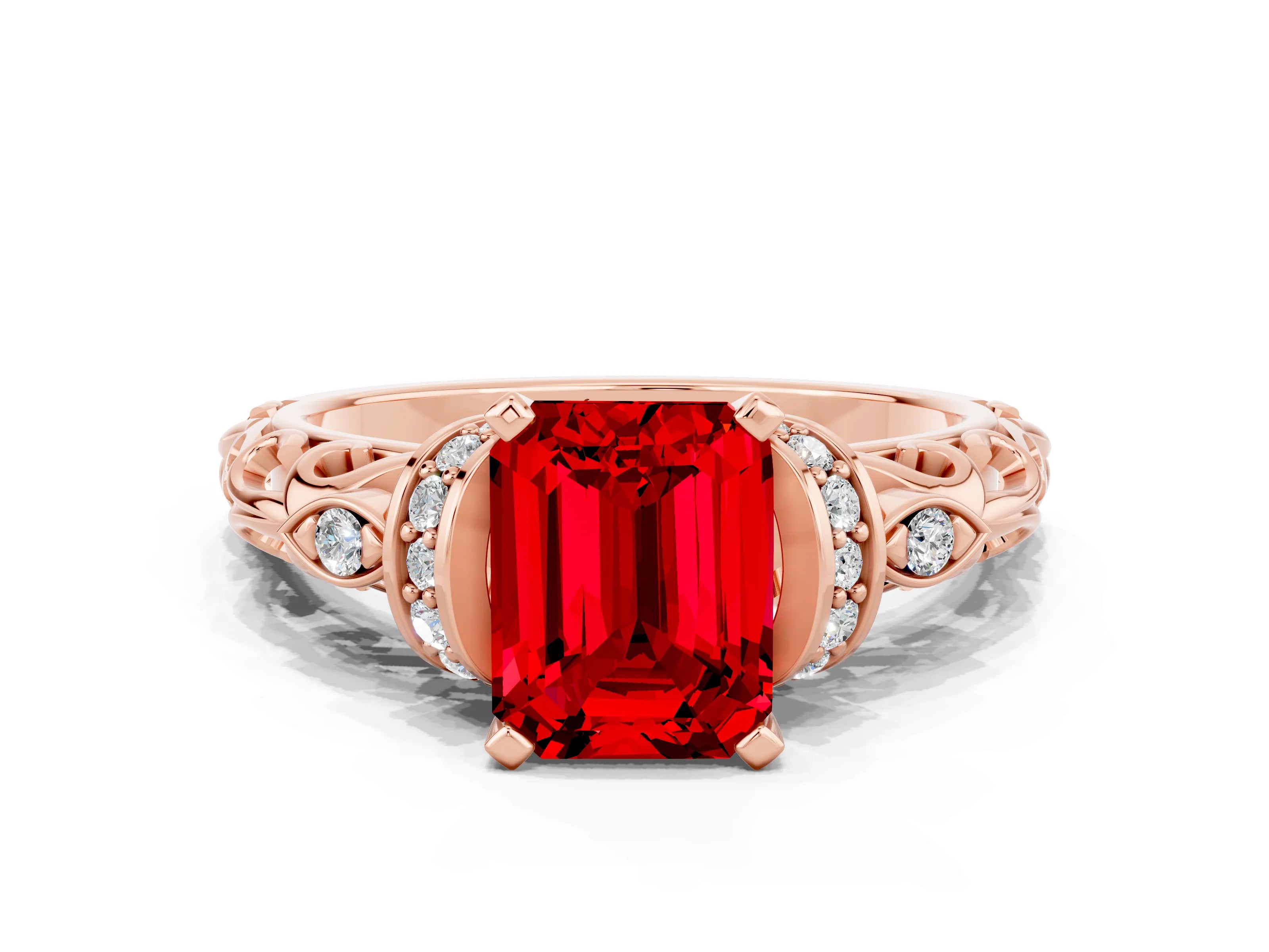 Rose gold Emerald Cut Ruby Solitaire Ring with Filigree Band and Four-Prong Setting_24