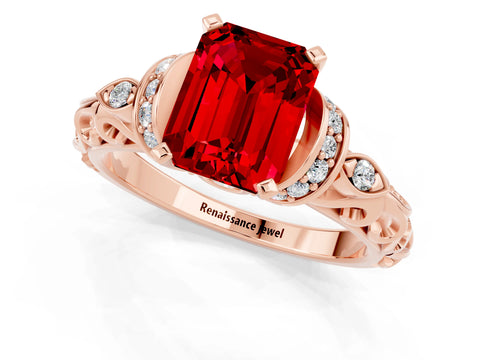 Rose gold Emerald Cut Ruby Solitaire Ring with Filigree Band and Four-Prong Setting_25