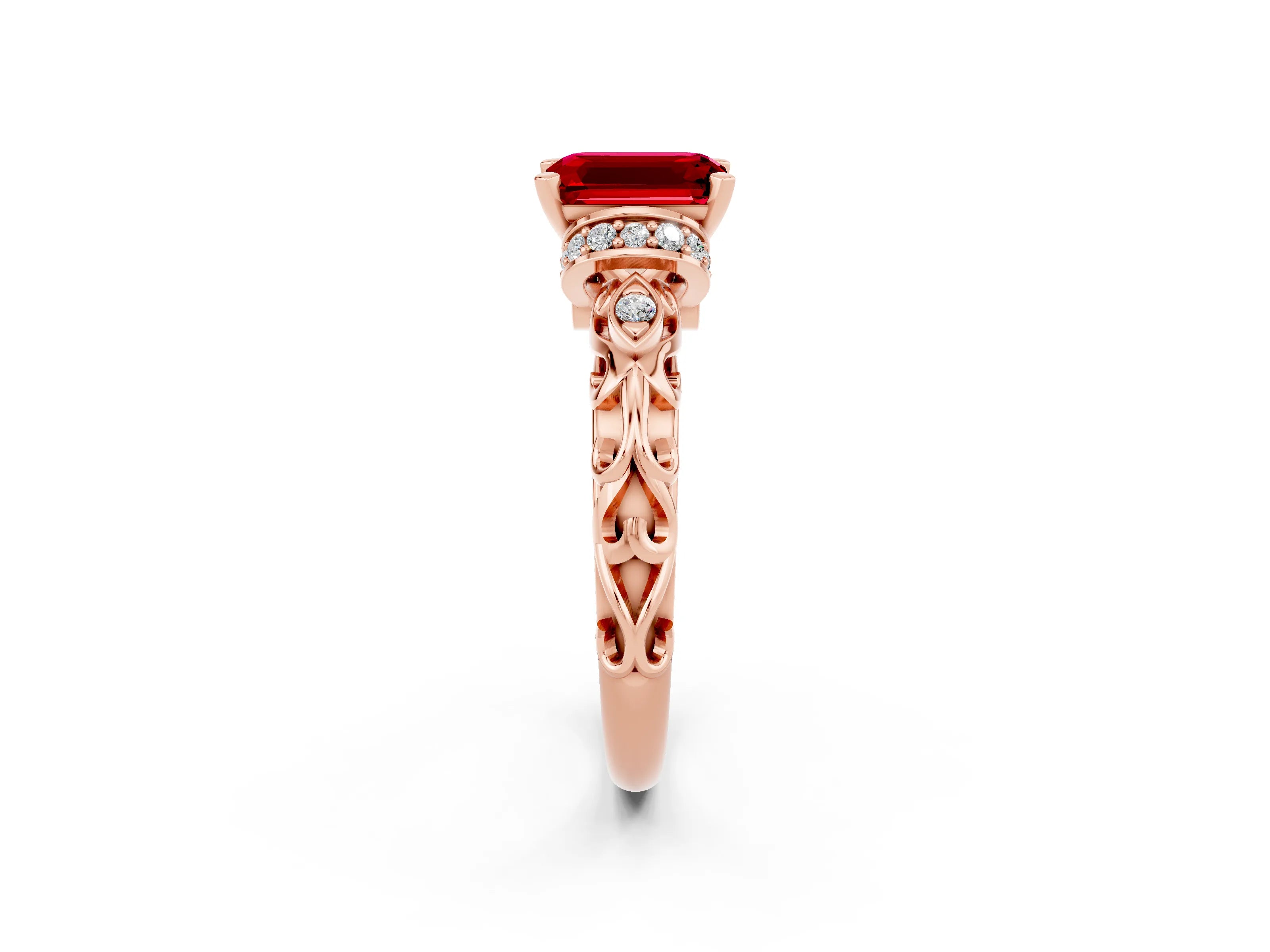 Rose gold Emerald Cut Ruby Solitaire Ring with Filigree Band and Four-Prong Setting_26