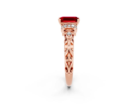 Rose gold Emerald Cut Ruby Solitaire Ring with Filigree Band and Four-Prong Setting_26