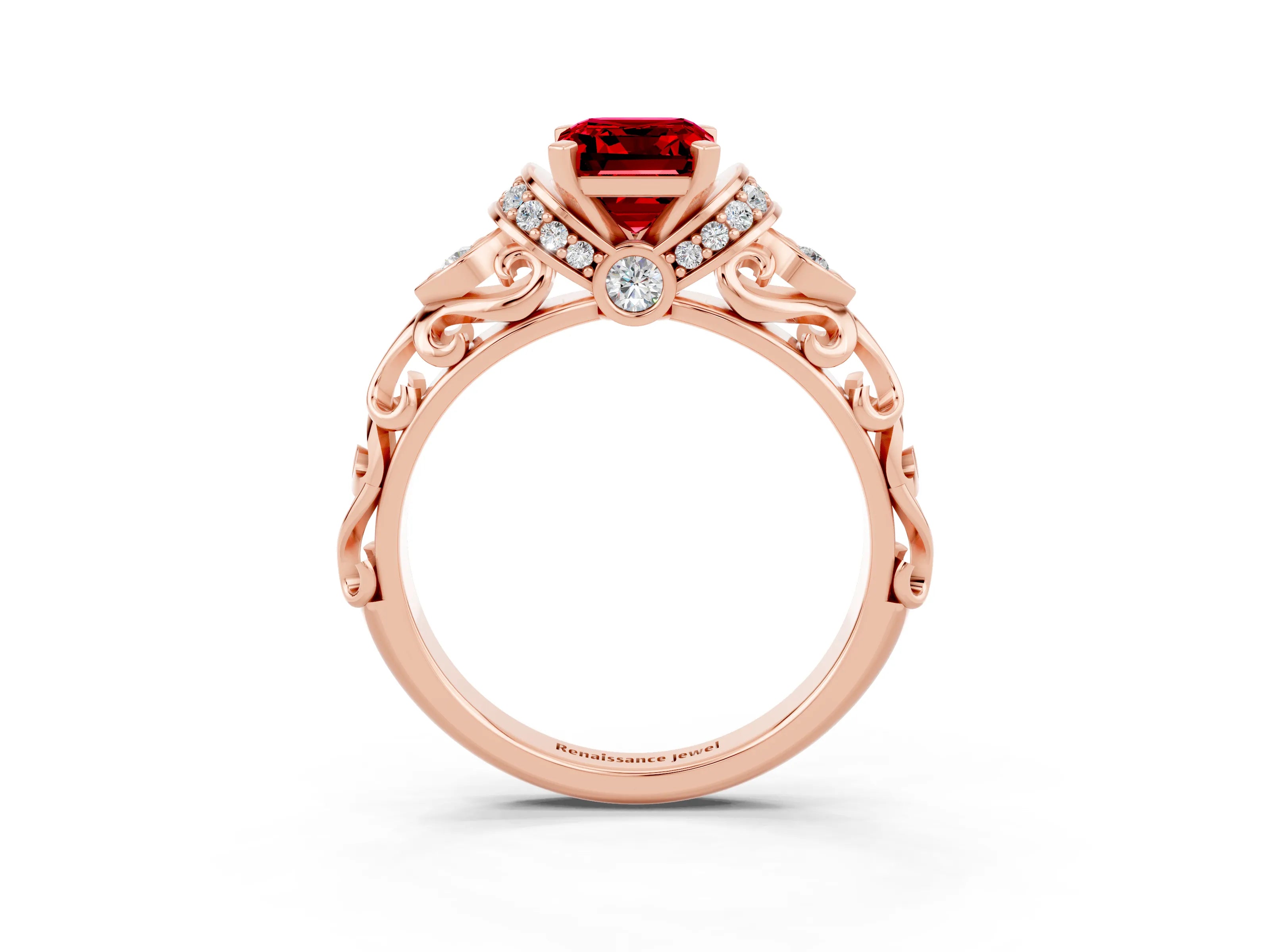 Rose gold Emerald Cut Ruby Solitaire Ring with Filigree Band and Four-Prong Setting_27