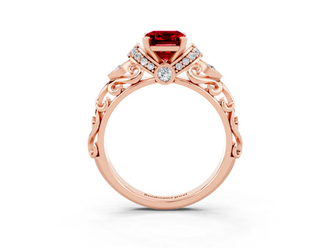 Rose gold Emerald Cut Ruby Solitaire Ring with Filigree Band and Four-Prong Setting_27