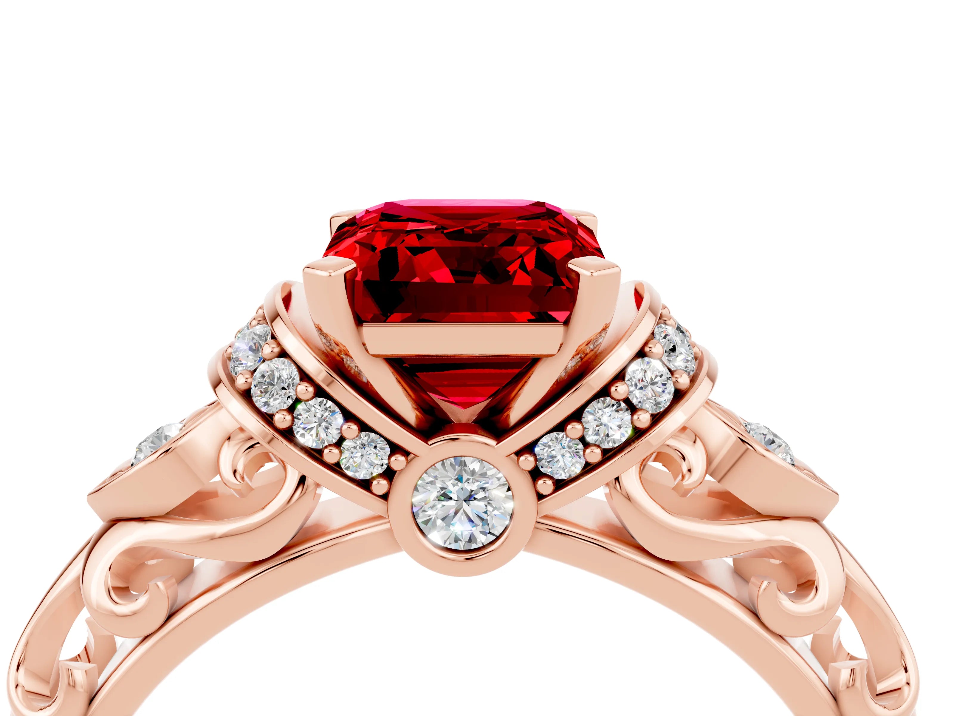 Rose gold Emerald Cut Ruby Solitaire Ring with Filigree Band and Four-Prong Setting_28