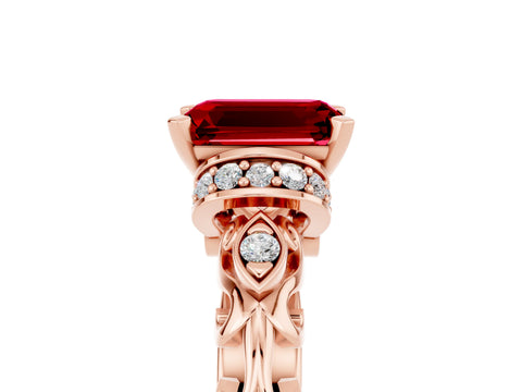 Rose gold Emerald Cut Ruby Solitaire Ring with Filigree Band and Four-Prong Setting_29