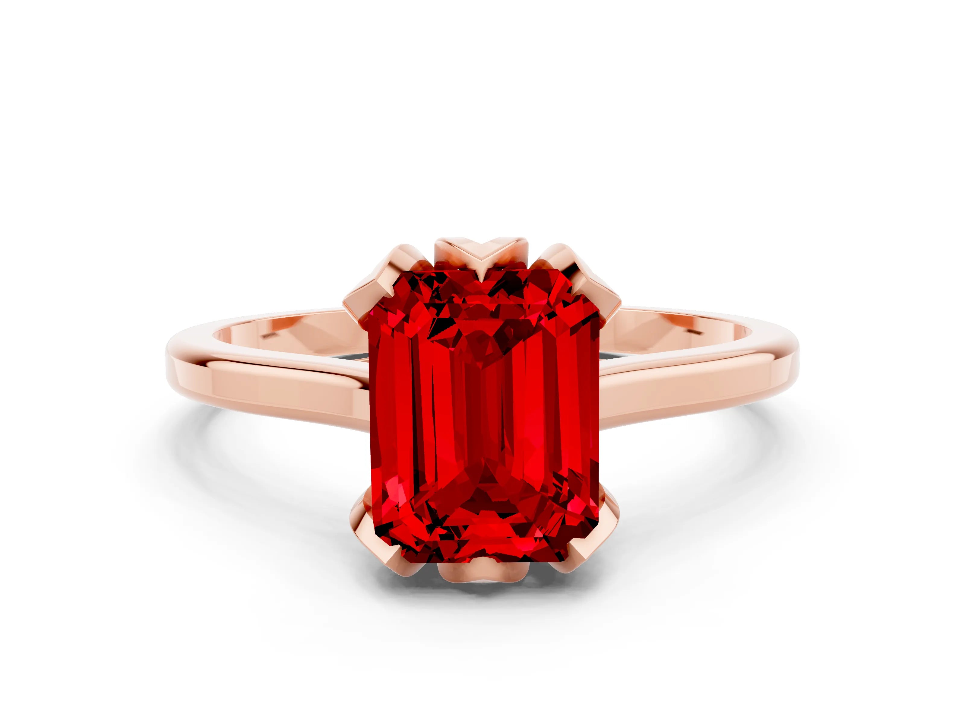 Rose gold Emerald Cut Ruby Solitaire Ring with Flower Prong Setting and Classic Band_12